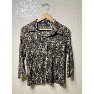 Essentials by Milano Top Animal Print Pleated Button Up Blouse Large Mafia Wife